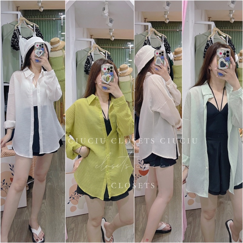 Áo Sơ Mi Nữ Dáng Suông Vải Kẻ Ô Tặng Kèm Mũ 4Màu
