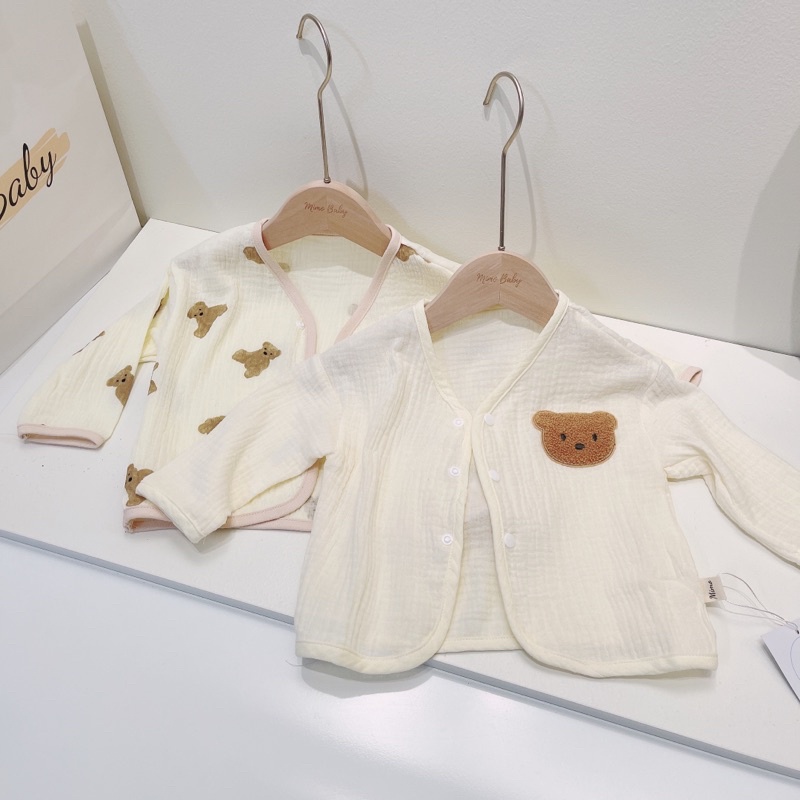 Áo dài tay cổ tim, áo cardigan thu đông đính gấu dễ thương cho bé QA40 Mimo Baby