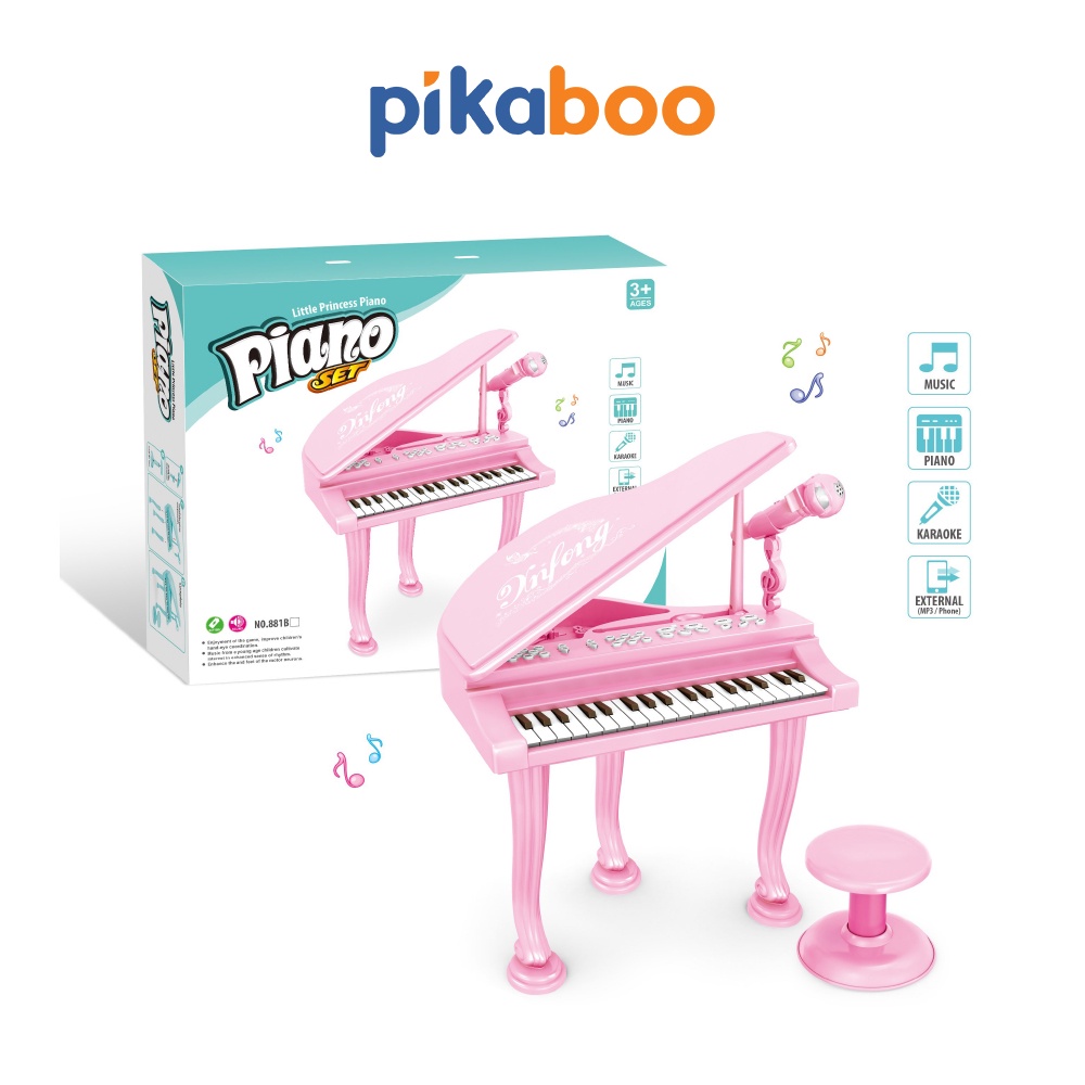 [Mã giảm 100k đơn 250k] Đàn Piano cho bé màu hồng cao cấp Pikaboo cỡ to đại có ghế ngồi kèm micro chuẩn âm thanh
