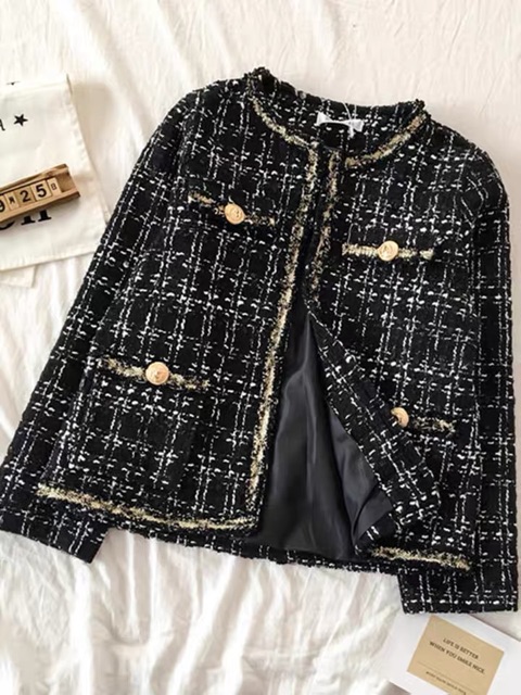 Áo khoác dạ tweed kẻ khuy vàng hàng đẹp