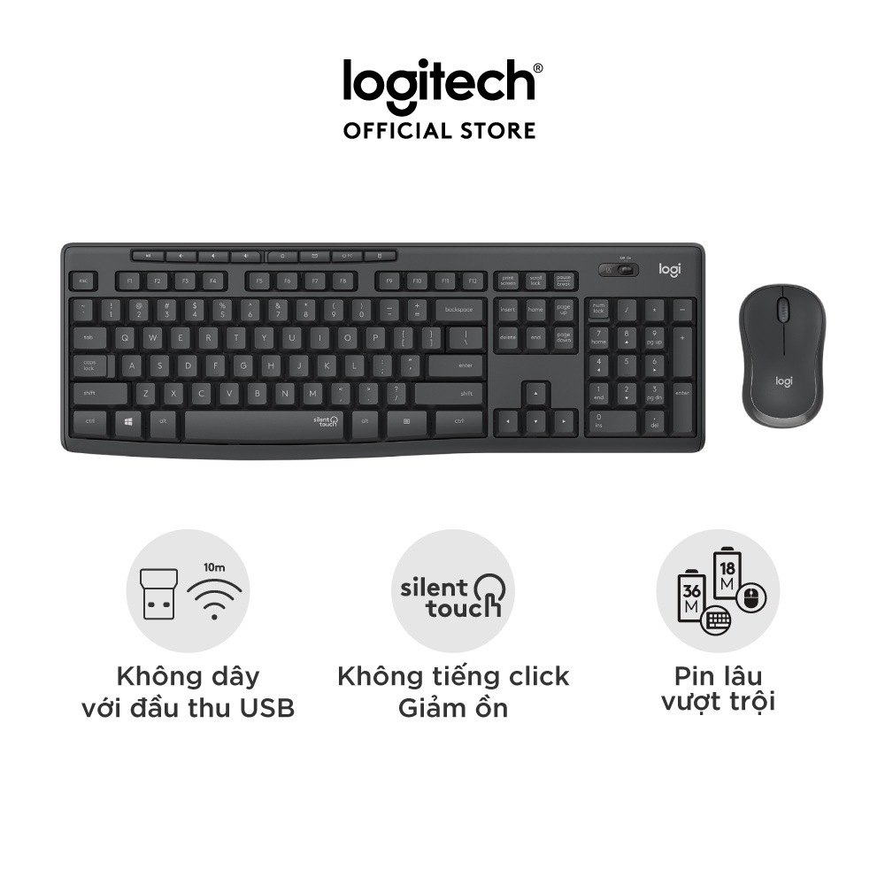 [Mã ELBAU5 giảm 5% tối đa 500K] Combo Bàn phím và chuột không dây Logitech MK295 Silent - Giảm ồn, có phím số, bền bỉ