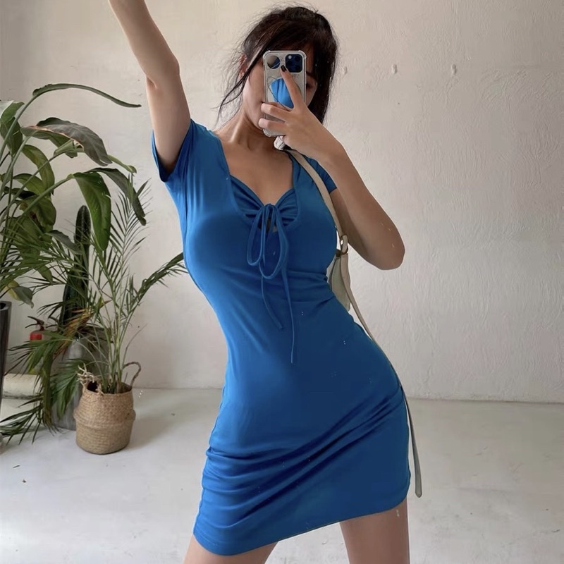 Đầm Body Dáng Suông Ôm, Kiểu Nhún Ngực Bikini, Blue Dress - Tharo Clothing