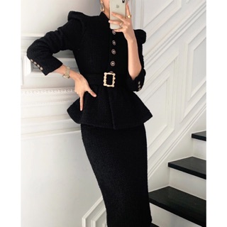 Set áo peplum cổ tàu kèm belt phối chân váy dáng dài dạ tweed