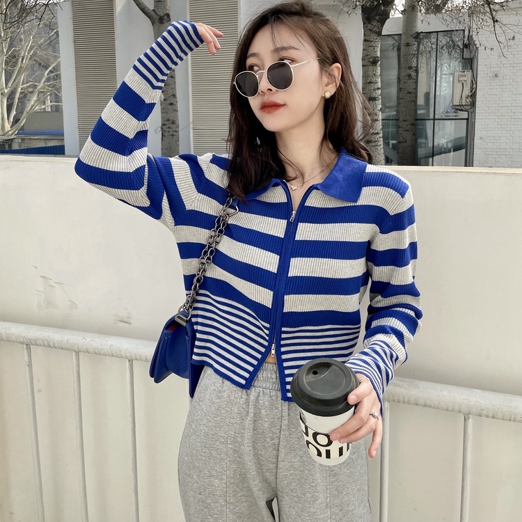 Áo khoác cardigan ZHELIHANGFEI dệt kim cổ bẻ dáng ôm hoạ tiết kẻ sọc hợp thời trang