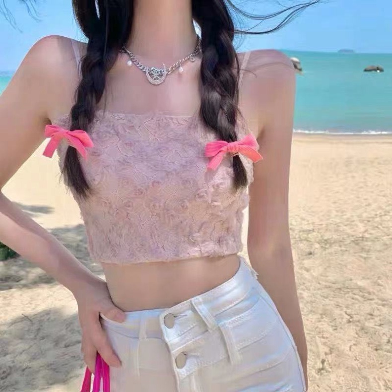 Áo bra ren 2 dây dáng croptop có mút ngực ren hoa hồng - AK2044