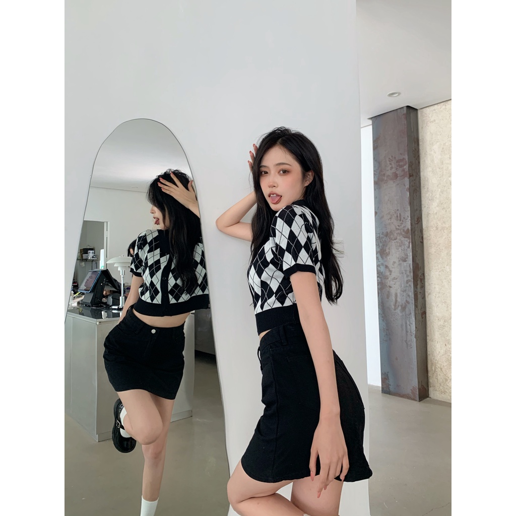 HUANG YOYO Áo khoác len dài tay kiểu Hàn Quốc retro họa tiết ca rô thời trang cho nữ