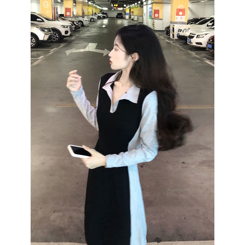Đầm COZOKC tay dài cổ polo ôm eo màu tương phản phong cách Hàn Quốc