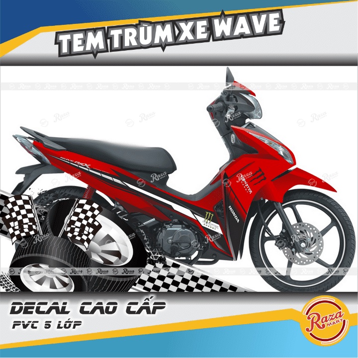 Tem Trùm xe WAVE RSX màu đỏ đen | Decal PVC 5 lớp cao cấp | Mã tem: WAV 806