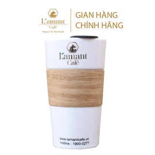 Ly sứ ốp gỗ l'amant café có nắp đậy 500ml - ly sứ cao cấp