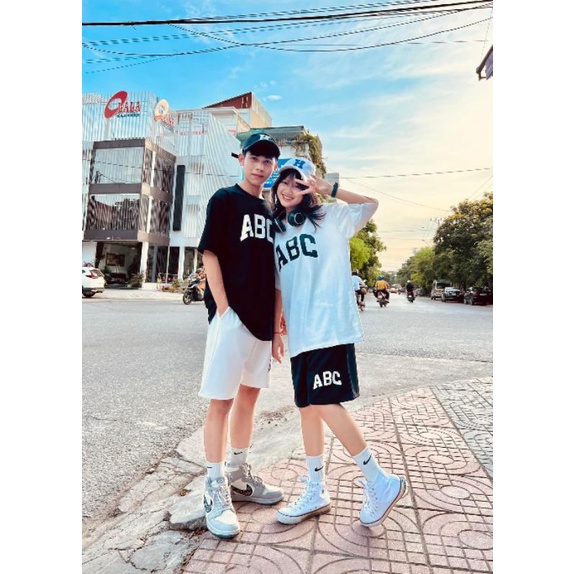 Sét đồ nam nữ Áo ABC unisex + quần short đùiChất cotton form thụng tay lỡForm &lt;55kg Bộ mặc nhà; đi chơi...