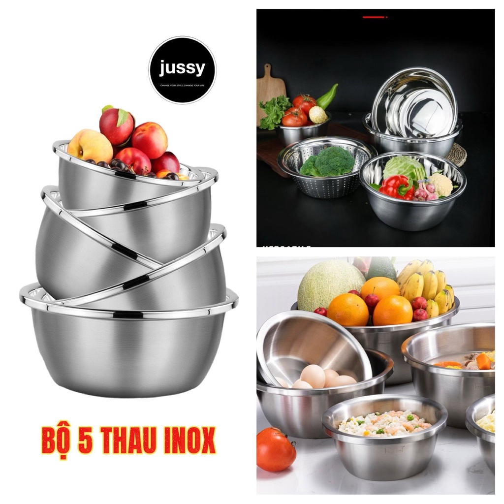 [Hàng Nhật] Bộ Thau Inox 5 Món Dùng Rửa Rau Củ Quả, Thau Trộn Salad Dày Dặn Siêu Tiện Dụng Cho Nhà Bếp Size Từ 14-24cm