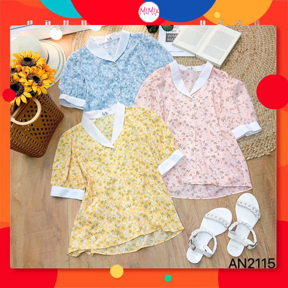 Áo sơ mi hoa MIMIX tay ngắn phồng phối cổ V trắng dạo phố AN2115