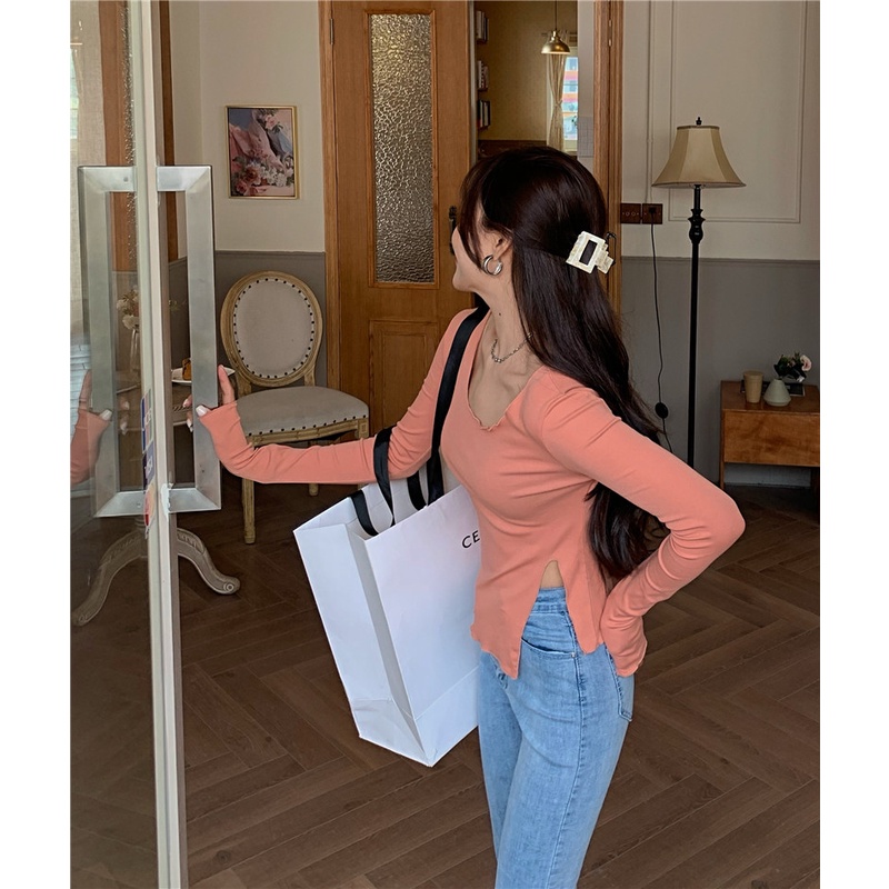 DUNEA Áo Thun Dệt Kim Tay Dài Co Giãn Tốt Thiết Kế Trẻ Trung Cho Nữ