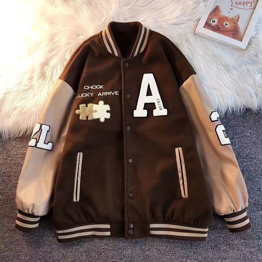 Áo Khoác Bóng Chày Chất Liệu Da Pu Thêu Họa Tiết Phong Cách Retro Cho Cặp Đôi