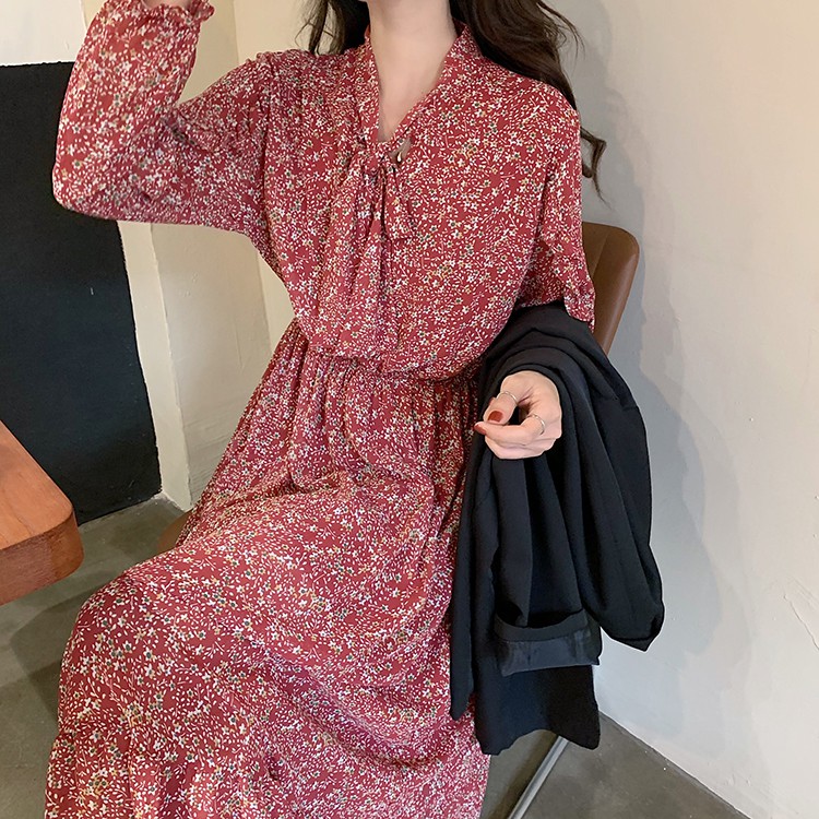 (order 15 ngày) Đầm hoa nhí dáng dài phong cách vintage cổ cột nơ | BigBuy360 - bigbuy360.vn