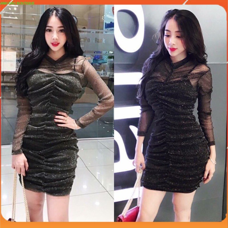 Váy đầm dự tiệc sang trọng đầm dáng ôm nhún body kim sa phối tay lưới dài V00200 màu đen AĐ BOUTIQUE