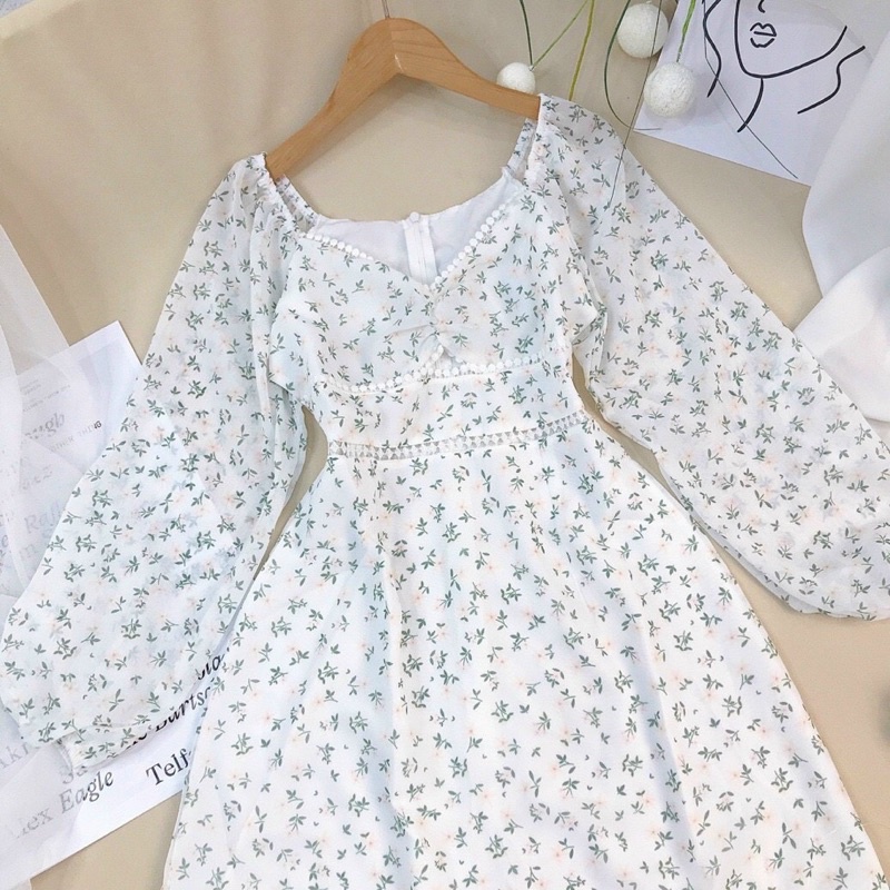 Đầm hoa nhí tay dài vintage tay phồng viền ren dáng ngắn xòe hoa xanh