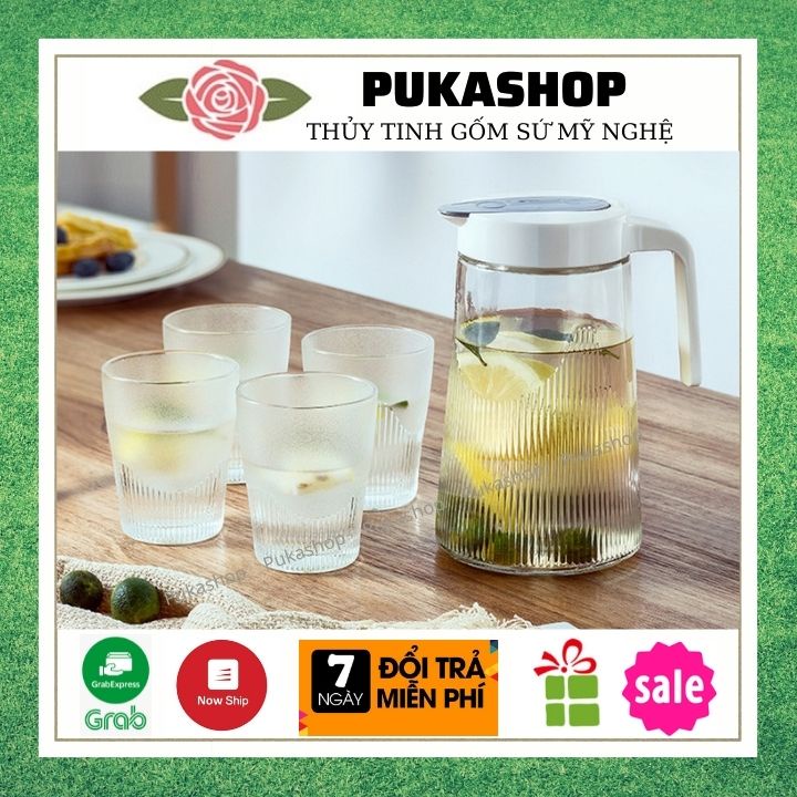 Bình Nước Puka Bộ Bình Nước Thủy Tinh Dầy Chịu Nhiệt Dễ Dàng Lau Chùi Nắp Kín, Ấm Pha Trà Hoa Quả Detox 1.3L kèm 4 Ly