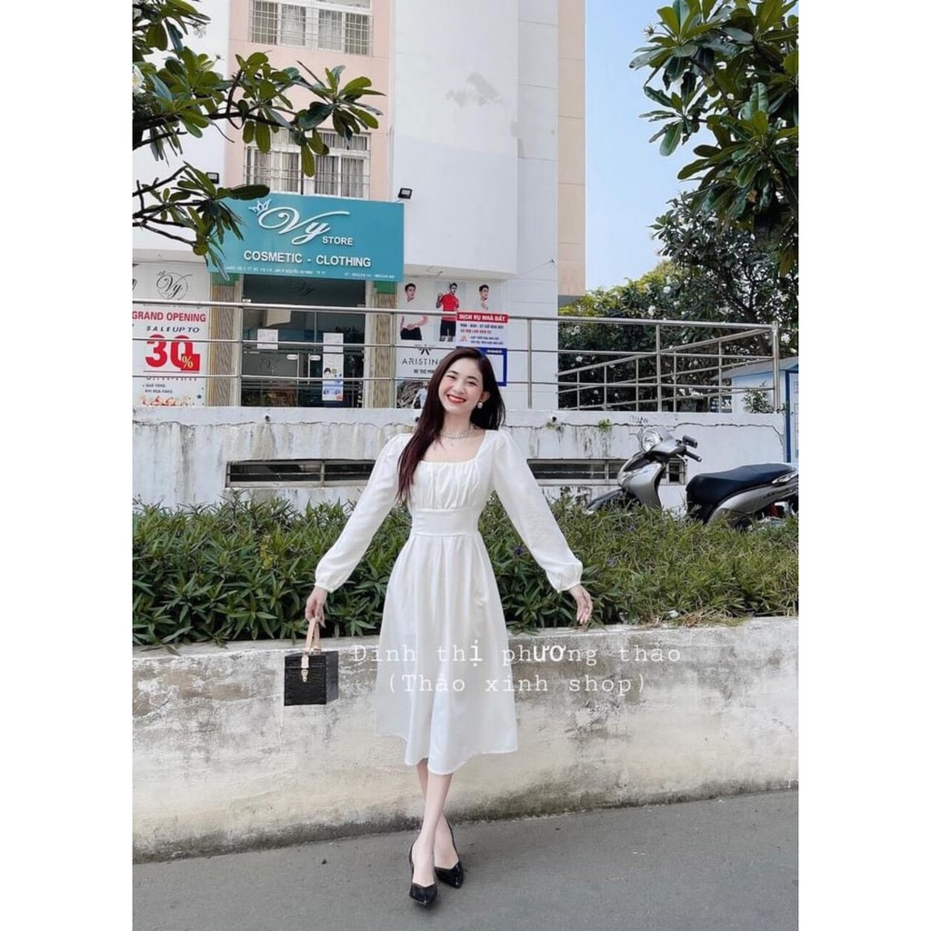 Váy Cổ Vuông Thắt Nơ Eo Dài Tay Màu Trắng - Đầm Nữ Cổ Vuông Nơ Lưng Tay Chun Dúm Ngực