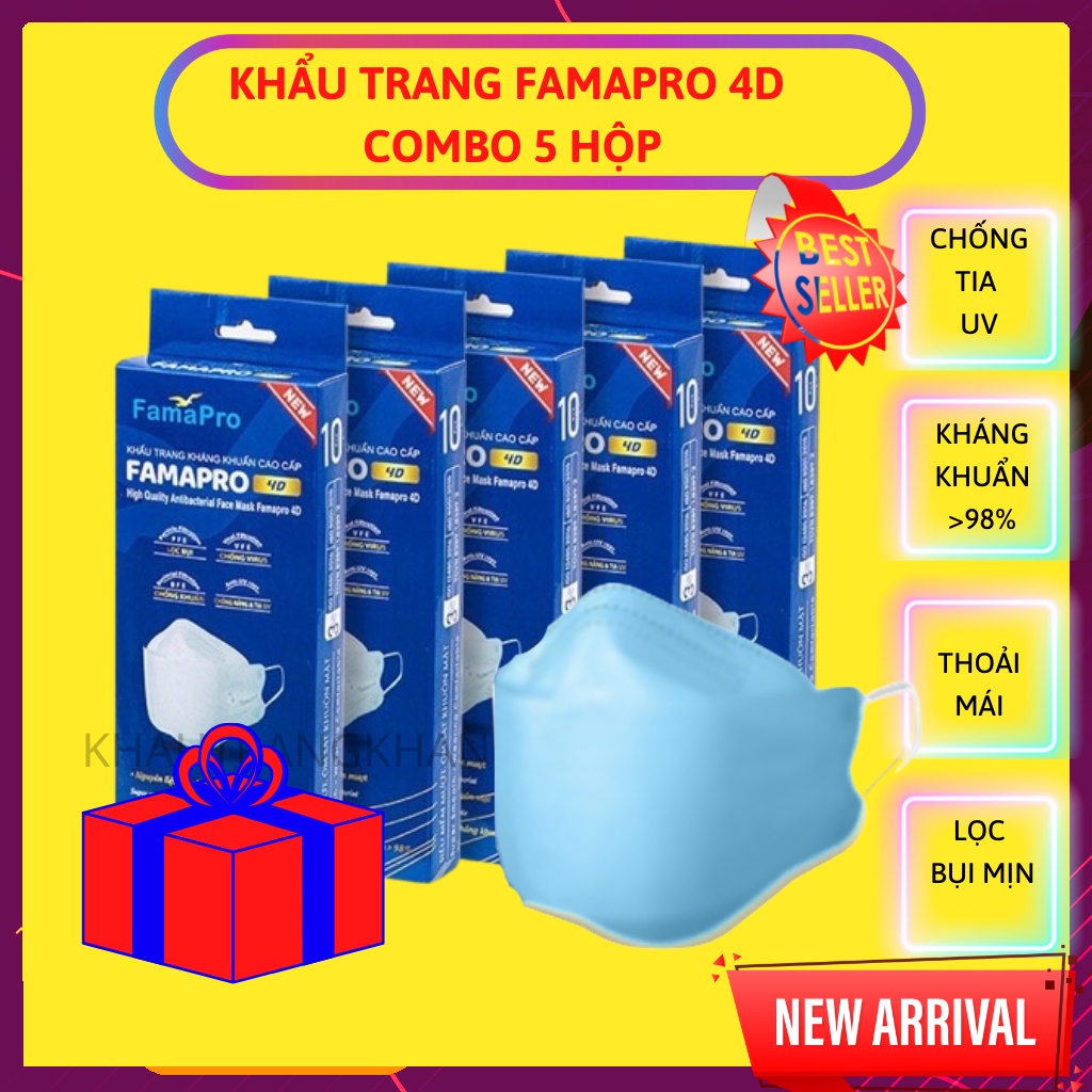 Khẩu Trang Famapro 4D, [COMBO 5 HỘP] - [HỘP 10 CÁI] - Khẩu trang Con Cá, Khẩu Trang trắng, màu...dạng hộp, size lớn