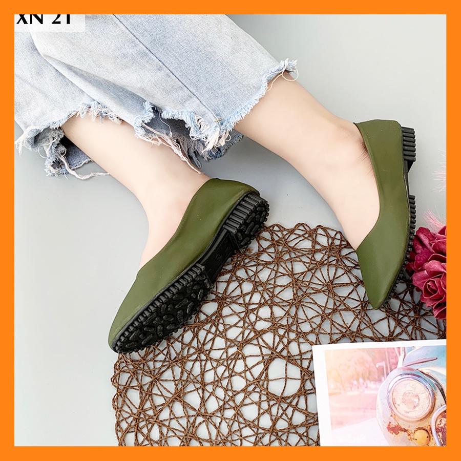 [Xả Kho] Giày nữ, Giày búp bê đế bệt trơn một màu - Giày Hoàng Thanh mã XN21 Rêu