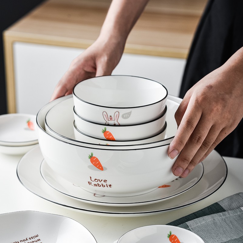 Bộ bát đĩa, set bát đĩa bằng sứ họa tiết thỏ đáng yêu - bộ 9 món cho 2 người phụ kiện decor bàn ăn