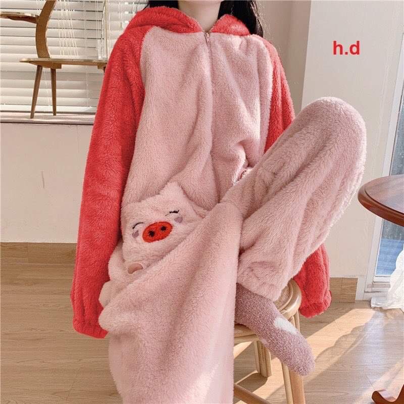 Bộ đồ ngủ mùa đông lông cừu giữ nhiệt tốt Thêu Hình Lợn connhung bông mềm mịn bộ lông cho nữ siêu ấm,bộ mặc nhà UNISEX