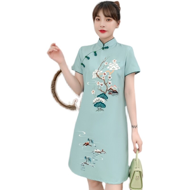 Đầm Sườn Xám Qipao Dáng Rộng Ngắn Tay Màu Xanh Dương Phong Cách Truyền Thống Trung Hoa Hiện Đại Thời Trang Cho Nữ Plus Size