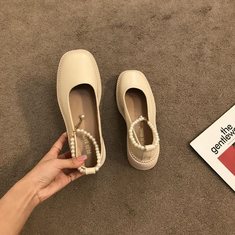 Giày Da Cao Gót Mũi Vuông Đế Dày Đính Hạt Ngọc Trai Phong Cách Anh Quốc Cổ Điển Thời Trang Cho Nữ 2021