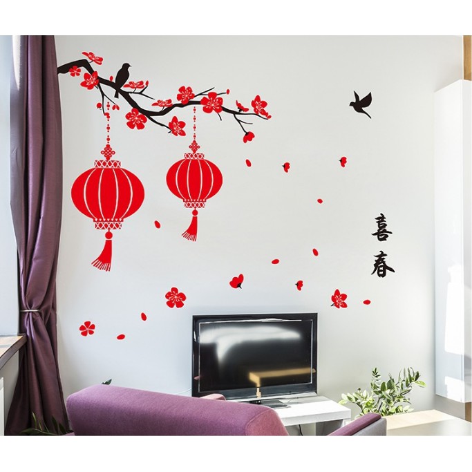 Decal trang trí Tết - Cặp Lồng Đèn đỏ treo trên cành Mai