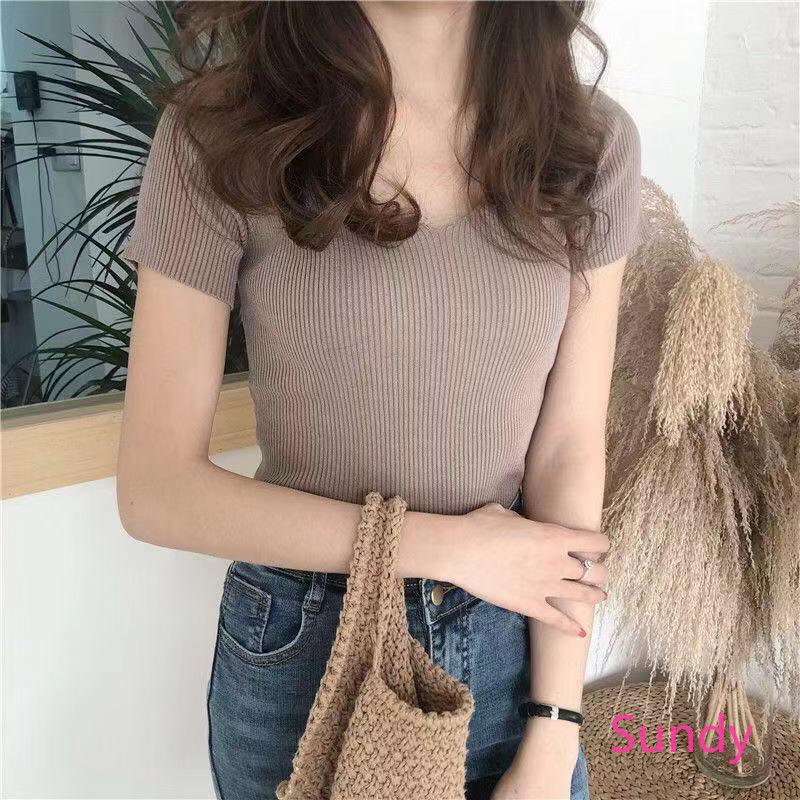 Áo Thun Gân Cổ Chữ V Phong Cách Hàn Quốc Cho Nữ