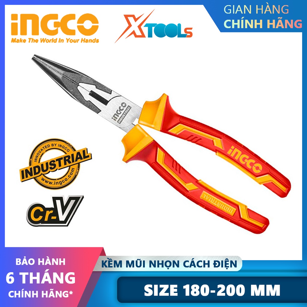 Kìm cách điện mũi nhọn dài INGCO | Kềm mũi nhọn Kích thước: 6-8 inch ~ 160-200mm Tay cầm cách điện lên đến 1000V, dùng đ