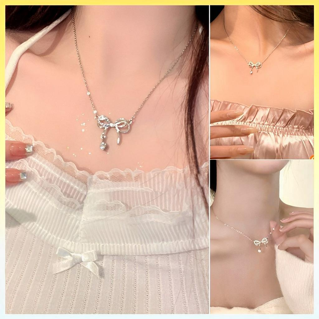 [L2M] Dây chuyền nữ mặt NƠ ĐÍNH ĐÁ đơn giản phong cách Hàn Quốc dễ thương