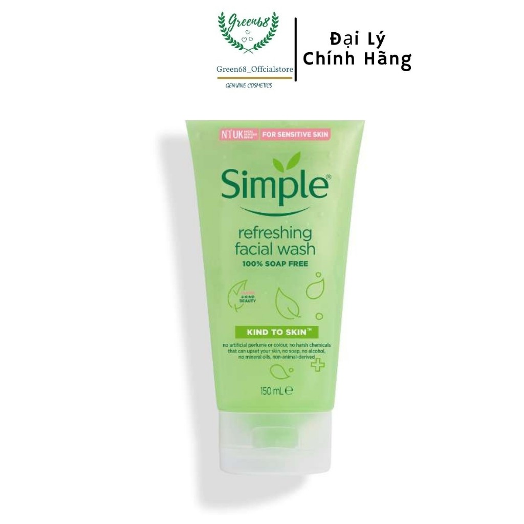 Sữa Rửa Mặt Simple Gel Kind To Skin Refreshing Facial Wash Gel 150ml Không Soap Hương Liệu, Ít Bọt Dành Cho Mọi  Loại Da