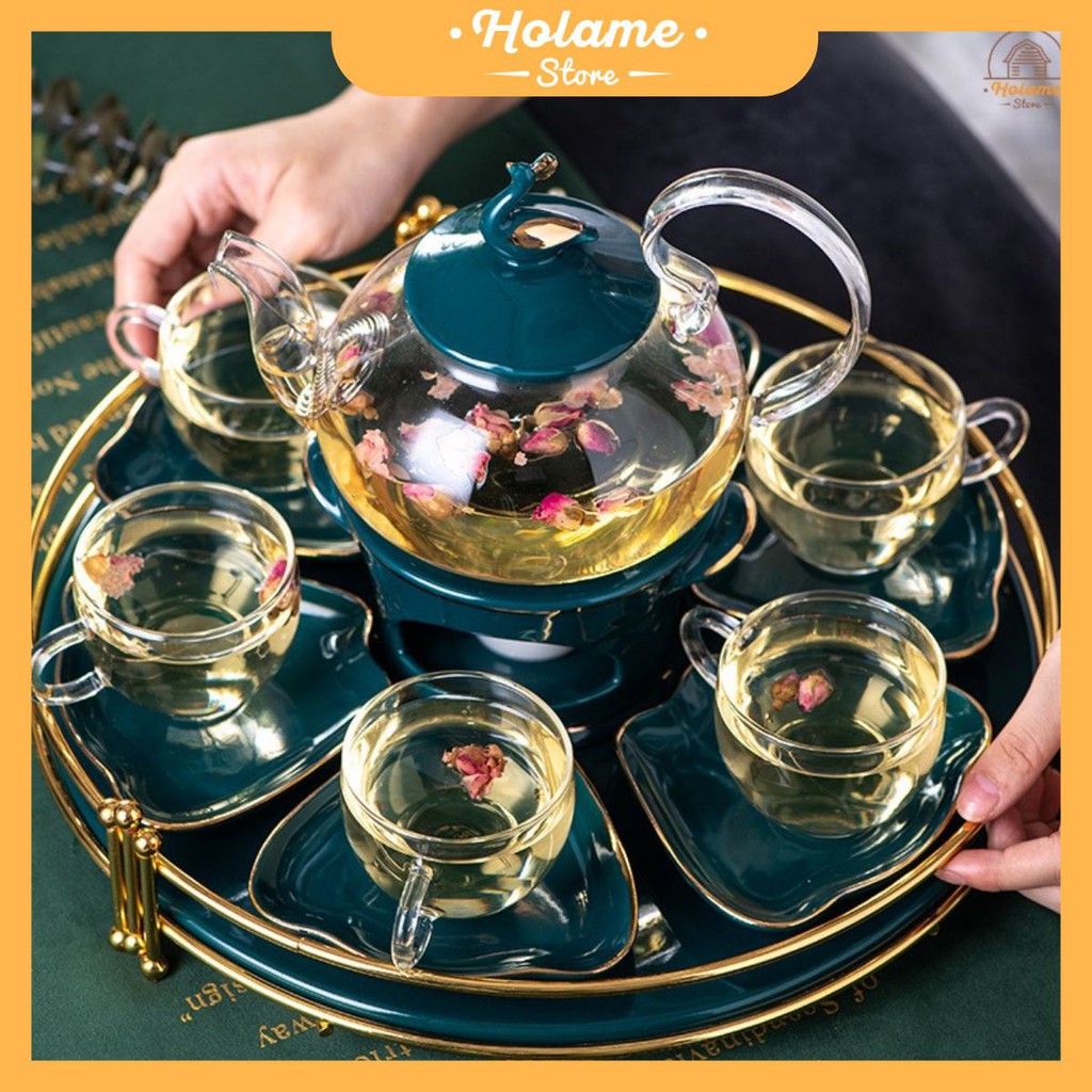 Bộ ấm chén uống trà, bộ ấm chén thuỷ tinh chịu nhiệt nắp hình con công kèm khay và đế nến - hâm nóng trực tiếp