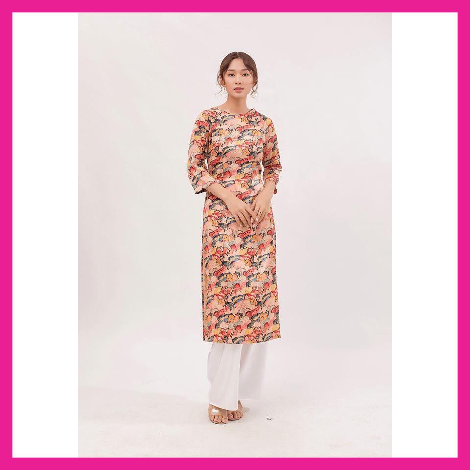 Áo Dài Cách Tân, Áo Dài May Sẳn Cổ Tròn Tay Lửng Nhiều Màu Họa Tiết Bướm Chất Gấm Vân Gỗ Cao Cấp, Hàng Thiết Kế.