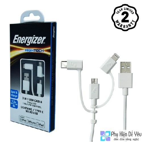 Cáp 3 trong 1 Lightning, Micro USB và USB-C Energizer 1m