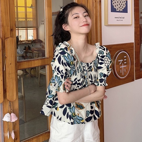 Áo Kiểu Cổ Vuông Tay Ngắn Dáng Rộng In Họa Tiết Hoa Phong Cách Hàn Quốc Thời Trang Cho Nữ