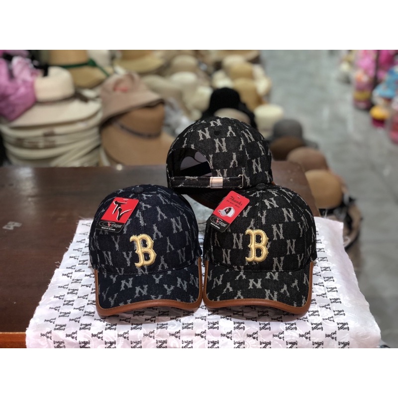 Mũ lưỡi trai vải jean dệt N Y viền da đẹp sắc nét thêu logo