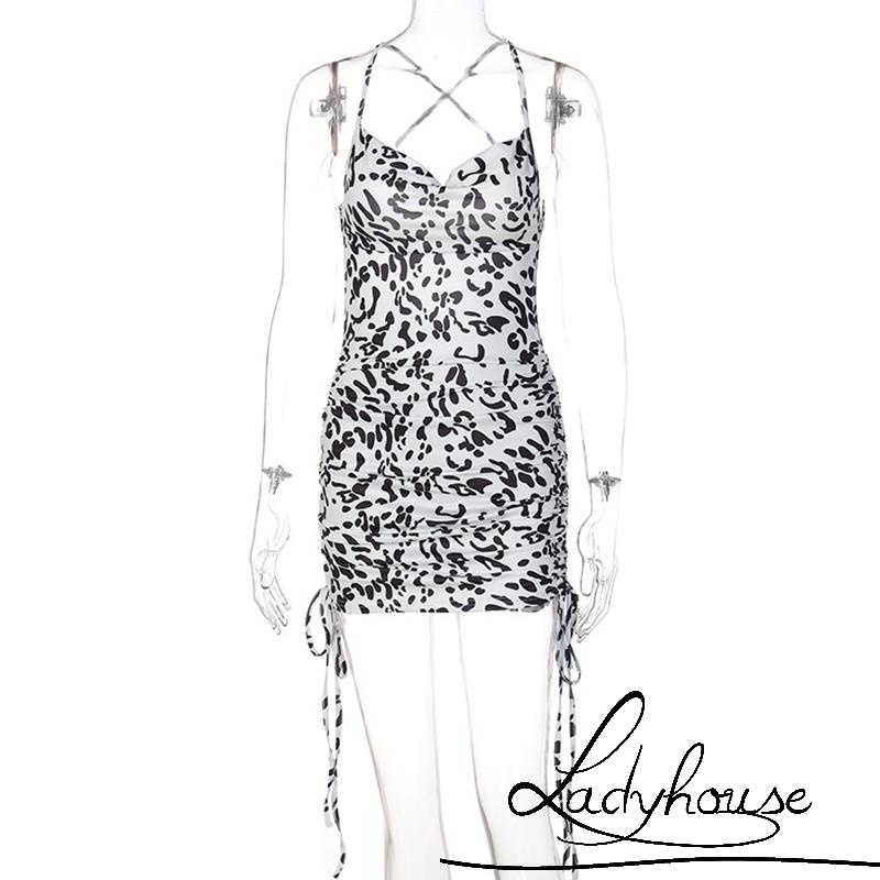 LDD-Women´s Summer Mini Dress, Sleeveless Spaghetti Strap Side Drawstring Leopard/Zebra Print Dress