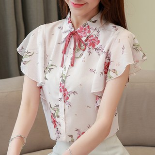 Áo Sơ Mi Voan Lụa Cổ Bẻ Tay Cánh Bướm Phối Ren In Hoạ Tiết Trẻ Trung Thanh Lịch