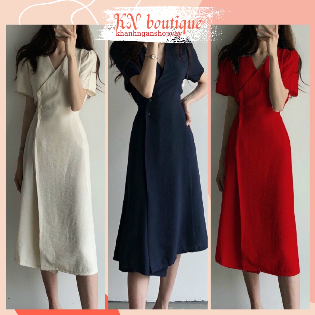 Váy mùa hè nữ đầm nữ dự tiệc đơn giản sang trọng váy trắng dạo phố cổ V cài cúc dáng xòe xinh đẹp
