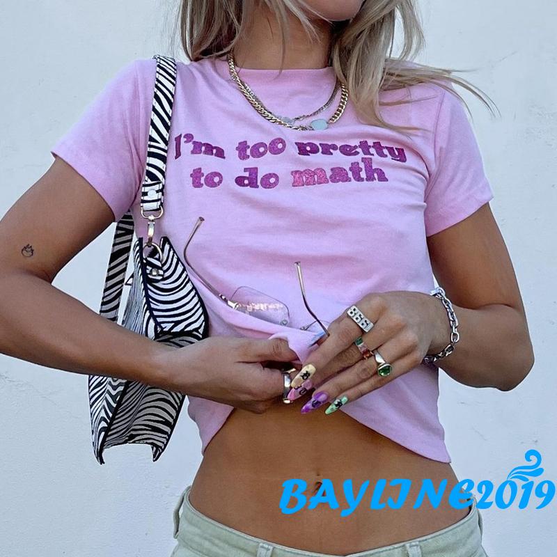 Áo thun dáng ngắn in chữ màu xanh lá vàng/tím/xanh lam nhạt thời trang mùa hè sành điệu cho nữ