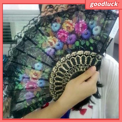 Quạt xếp cầm tay vải ren hoa phong cách Tây Ban Nha