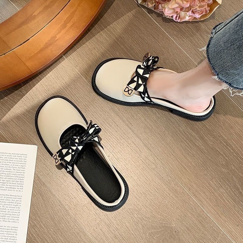 Giày sục Lolita nữ, búp bê hở gót đính nơ da lì cực xinh phong cách thời trang nữ tính