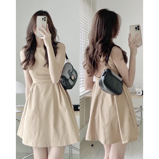Váy ngắn chữ a khoét lưng trơn dễ thương chất thô đứng form vintage mùa hè thời trang nữ tính điệu đà hàn quốc