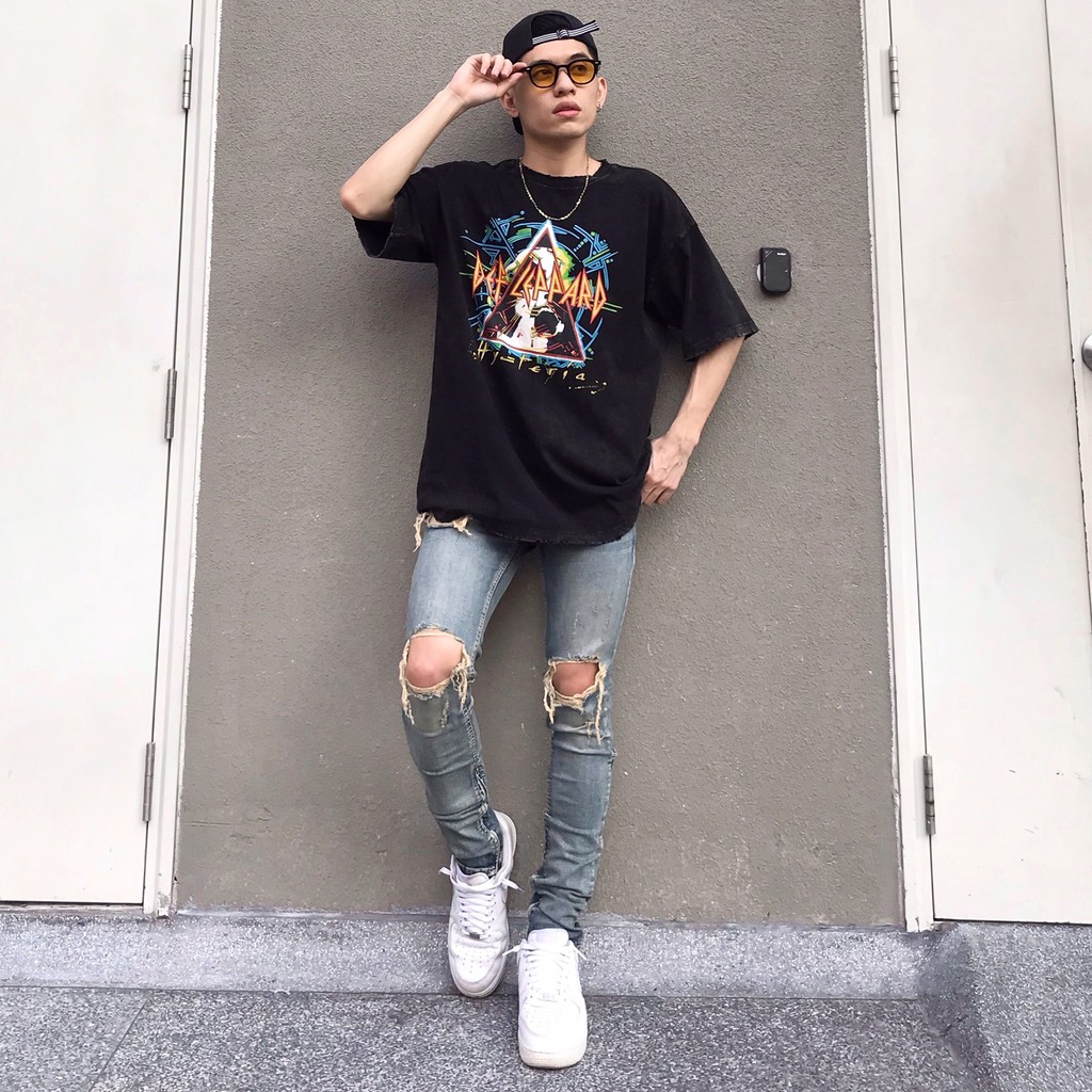 Quần Jean Nam Streetwear Cao Cấp FNOS Z15 Màu Xanh - Rách Gối Form Slimfit - Có Zip Jean Thun Co Giãn. | BigBuy360 - bigbuy360.vn