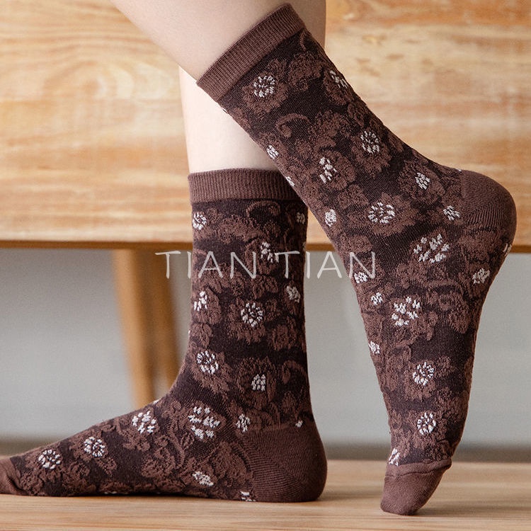 TIAN TIAN T144 Vớ Cotton Nguyên Chất Họa Tiết Dập Nổi Ba Chiều Phong Cách Nhật Bản Cổ Điển Thời Trang Mùa Thu Cho Nữ
