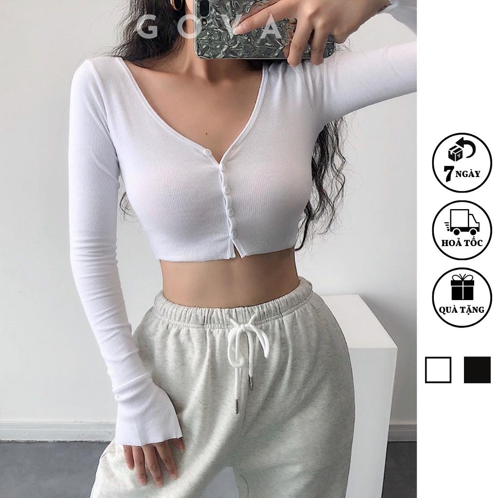 Áo Croptop CỔ TIM CÀI NÚT TAY DÀI Thun Gân Kiểu Sexy Nữ, Áo Thun Ôm Body Đẹp GOVA