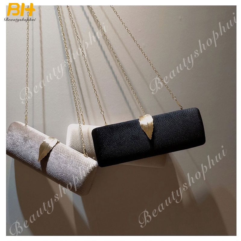 Ví Cầm Tay Vải Nhung Đính Khóa Hình Chiếc Lá Thời Trang Dự Tiệc